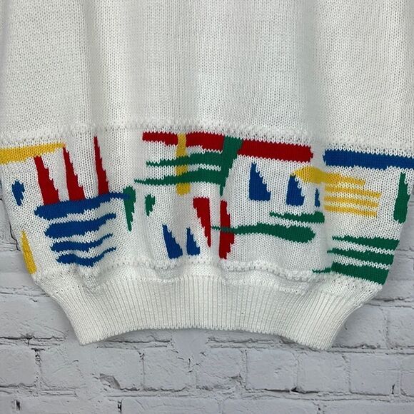 Tan F Jay Vintage White Sweater with Colorful Design Size Small - Picture 3 of 5
